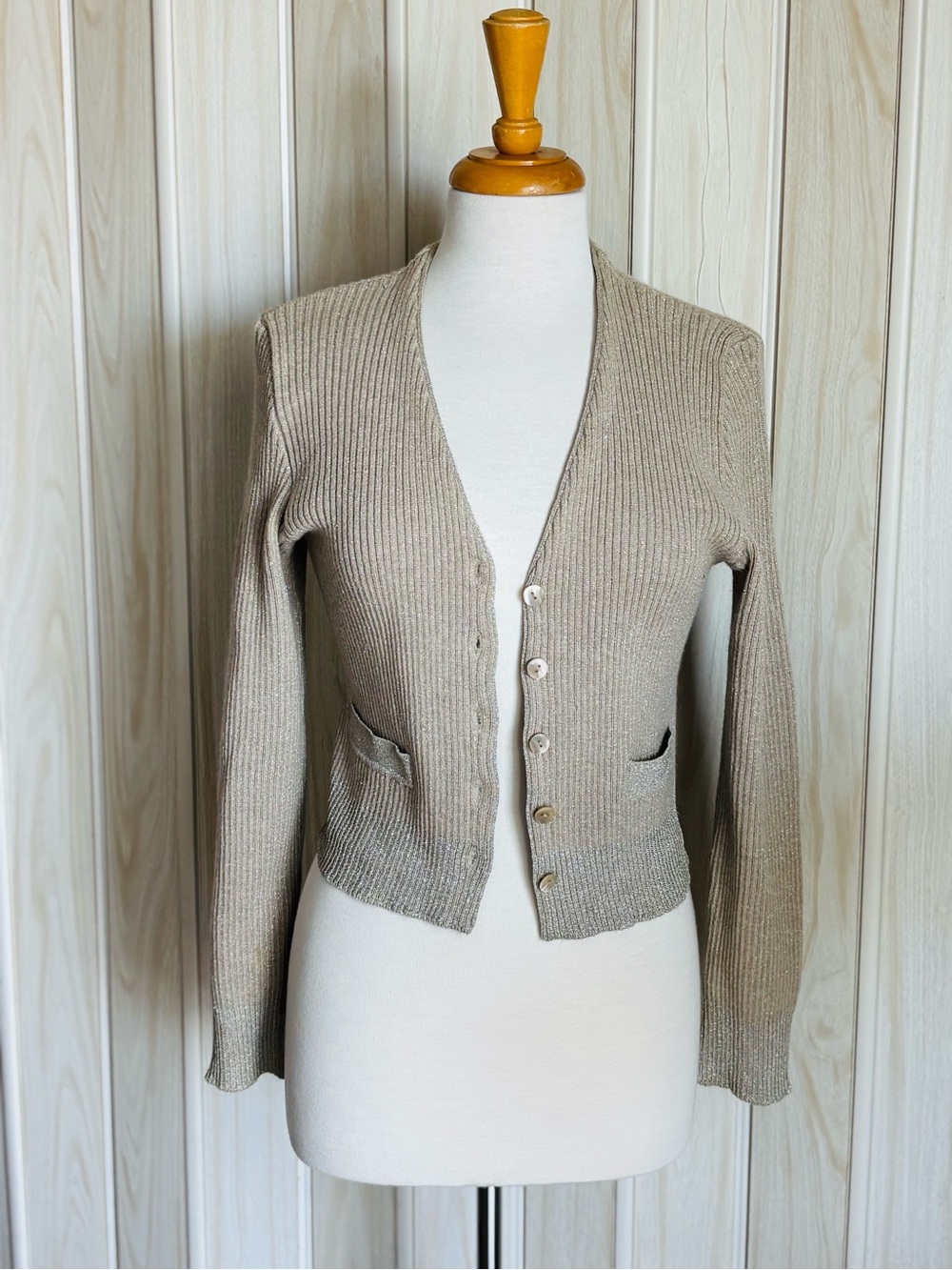 Dolce & Gabbana Ribbed Cardigan in Light Taupe with silver accent.